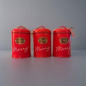 SET OF 3 MERRY HOLIDAY CANISTERS TINS, COFFEE, TEA, SUGAR - KITCHEN STORAGE